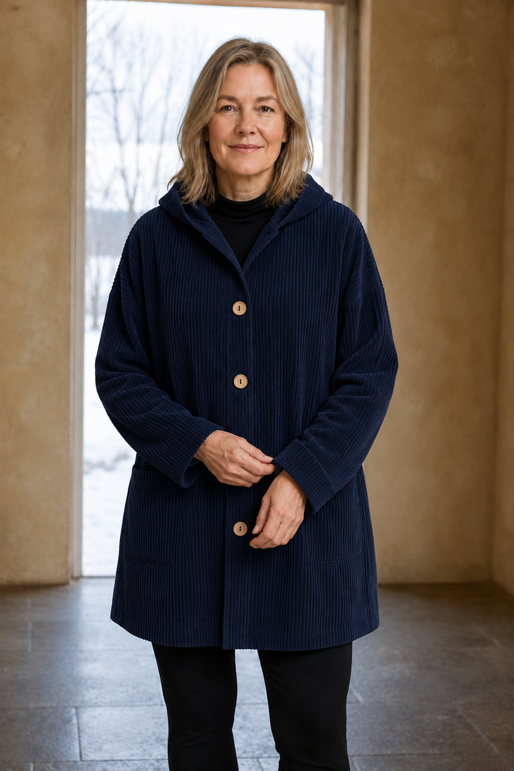 Camilla | Ribbed Corduroy Hooded Jacket - Navy Blue