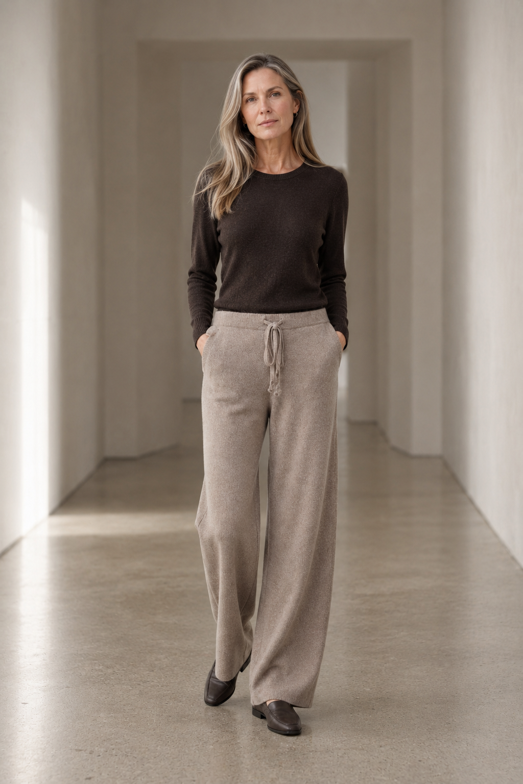 Camel Cashmere Blend Knit Lounge Pants on a mature woman in an empty hallway