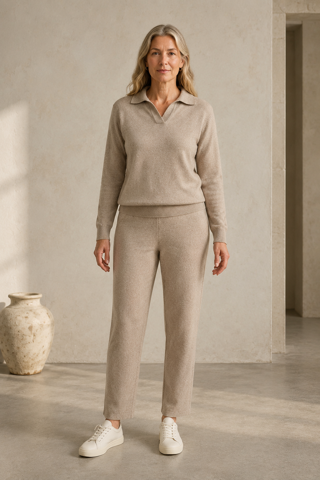 Full-length editorial image of Cashmere Blend Polo Knit Set