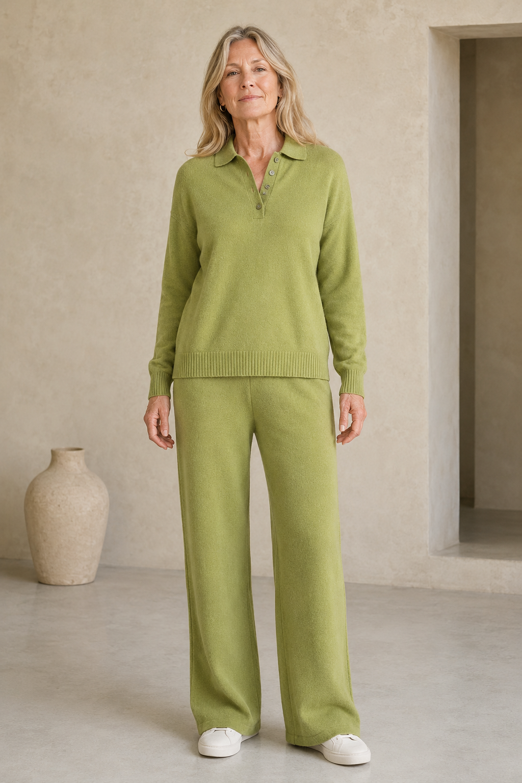 Full-length editorial image of Cashmere Pullover And Trouser Set