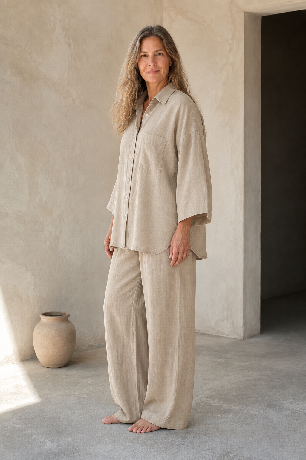 Celestina | Linen Blend Shirt and Trousers - Beige