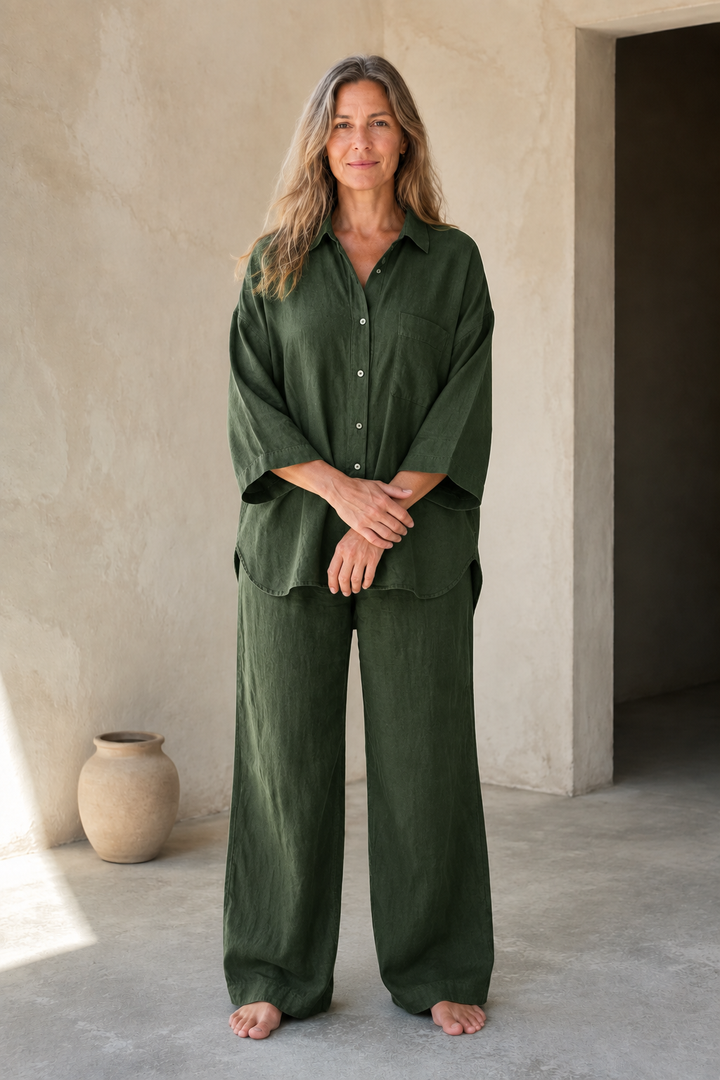 Celestina | Linen Blend Shirt and Trousers - Forest Green