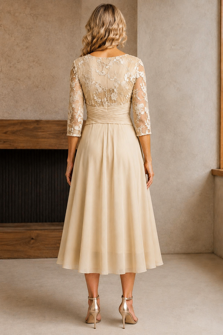 Champagne Lace Three-Quarter Sleeve Dress - back view