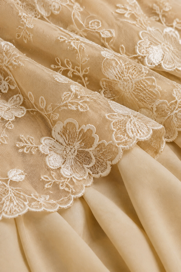 Champagne Lace Three-Quarter Sleeve Dress - fabric close-up