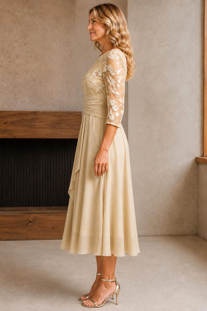 Champagne Lace Three-Quarter Sleeve Dress - left side view