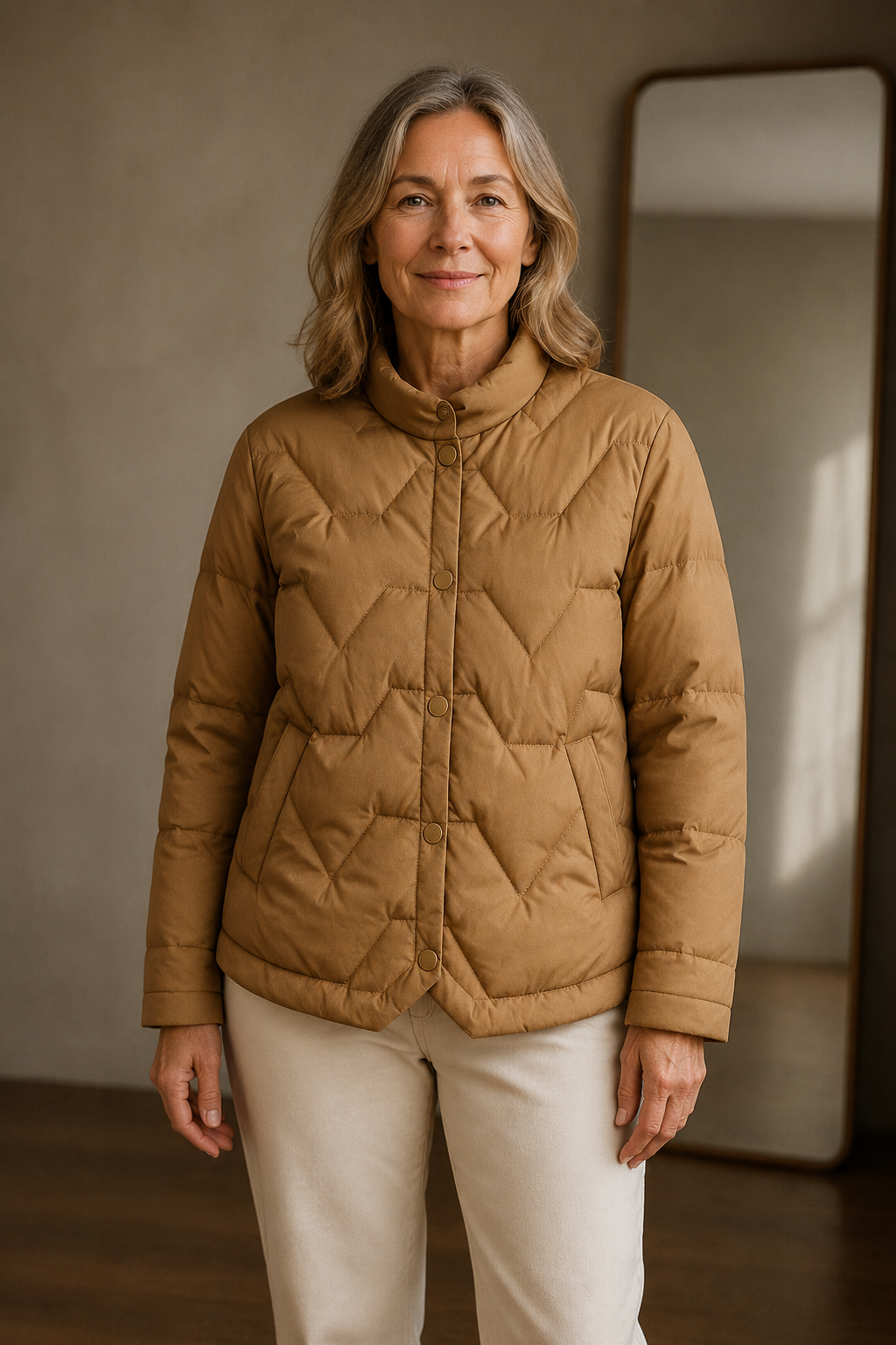 Chevron quilted down jacket closed