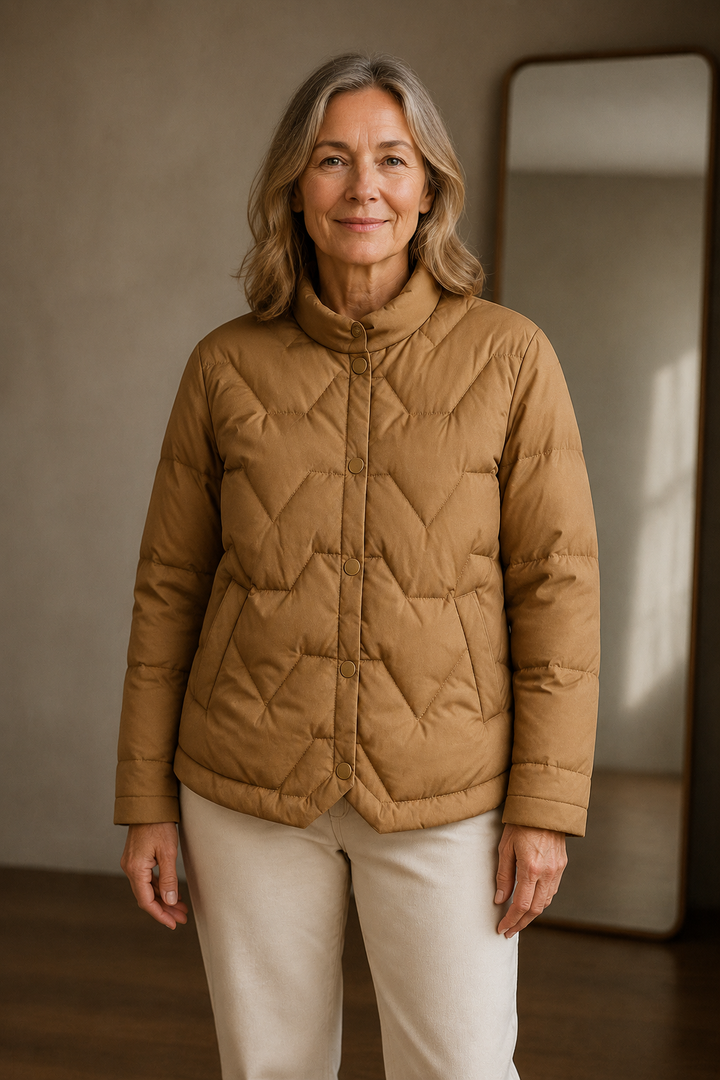 Chevron quilted down jacket closed
