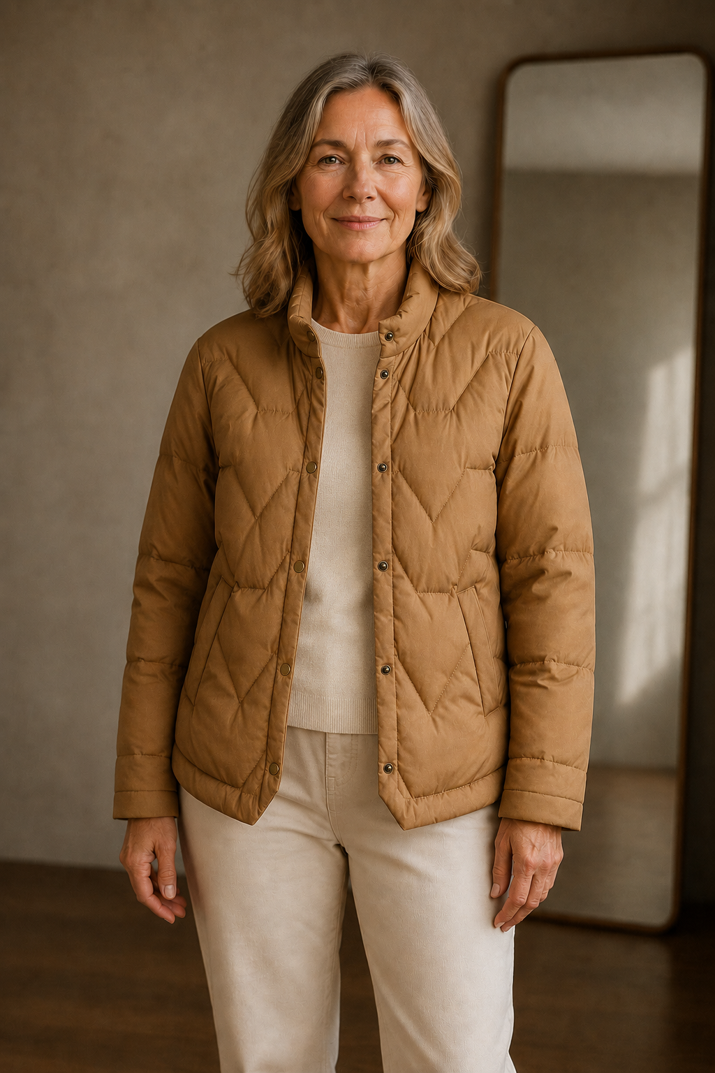 Chevron quilted down jacket open