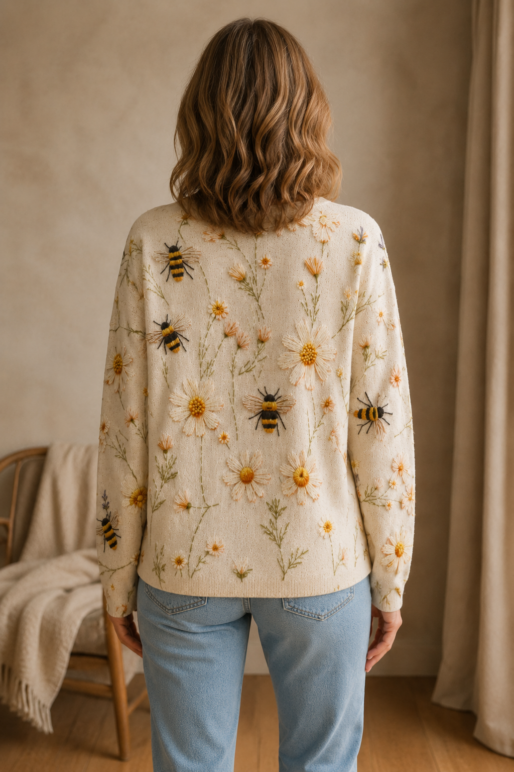 Cheyenne | Bee Print Crew Neck Sweater - Apricot