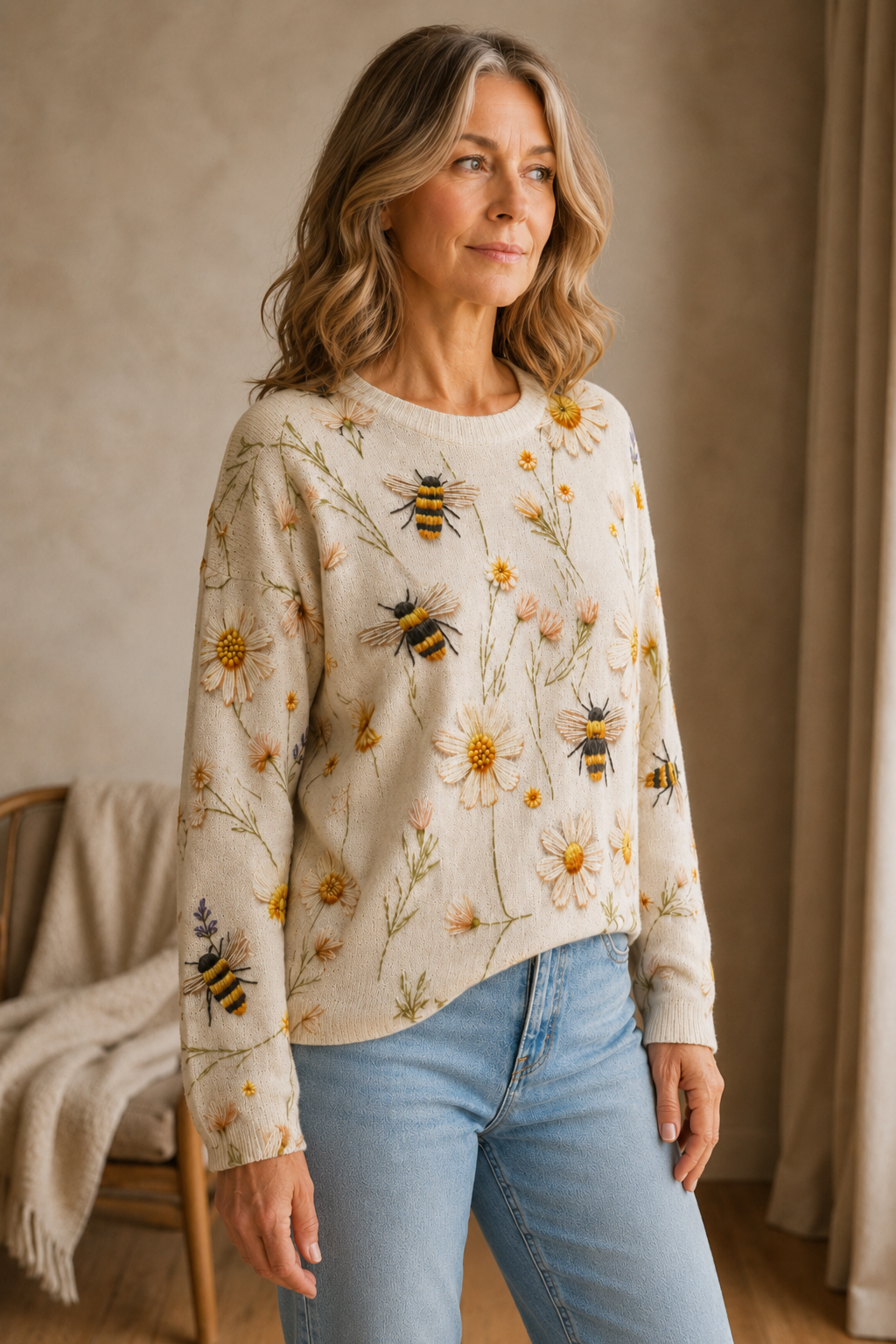 Cheyenne | Bee Print Crew Neck Sweater - Apricot