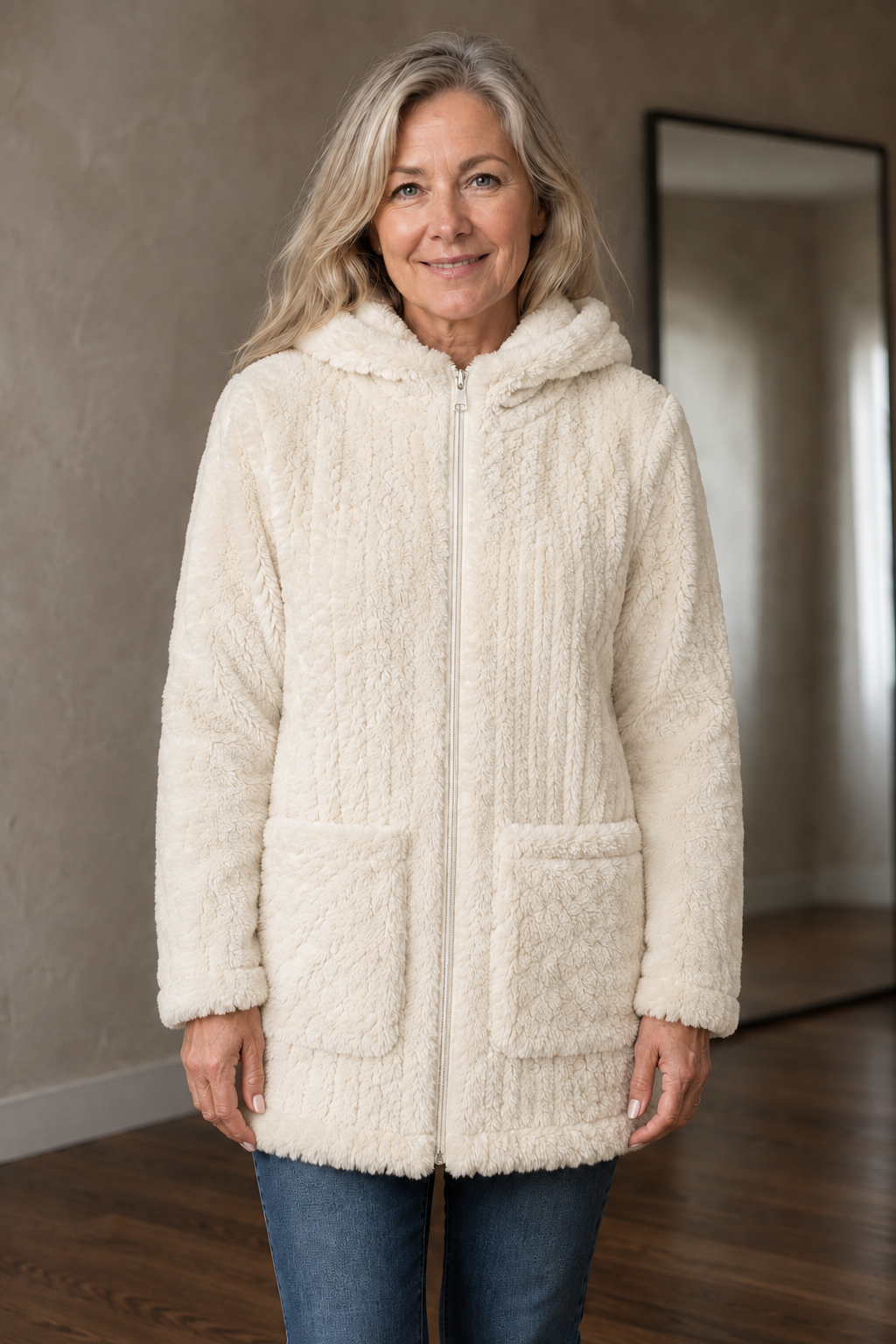 Clemence | Double-Sided Plush Zip Hoodie - Cream