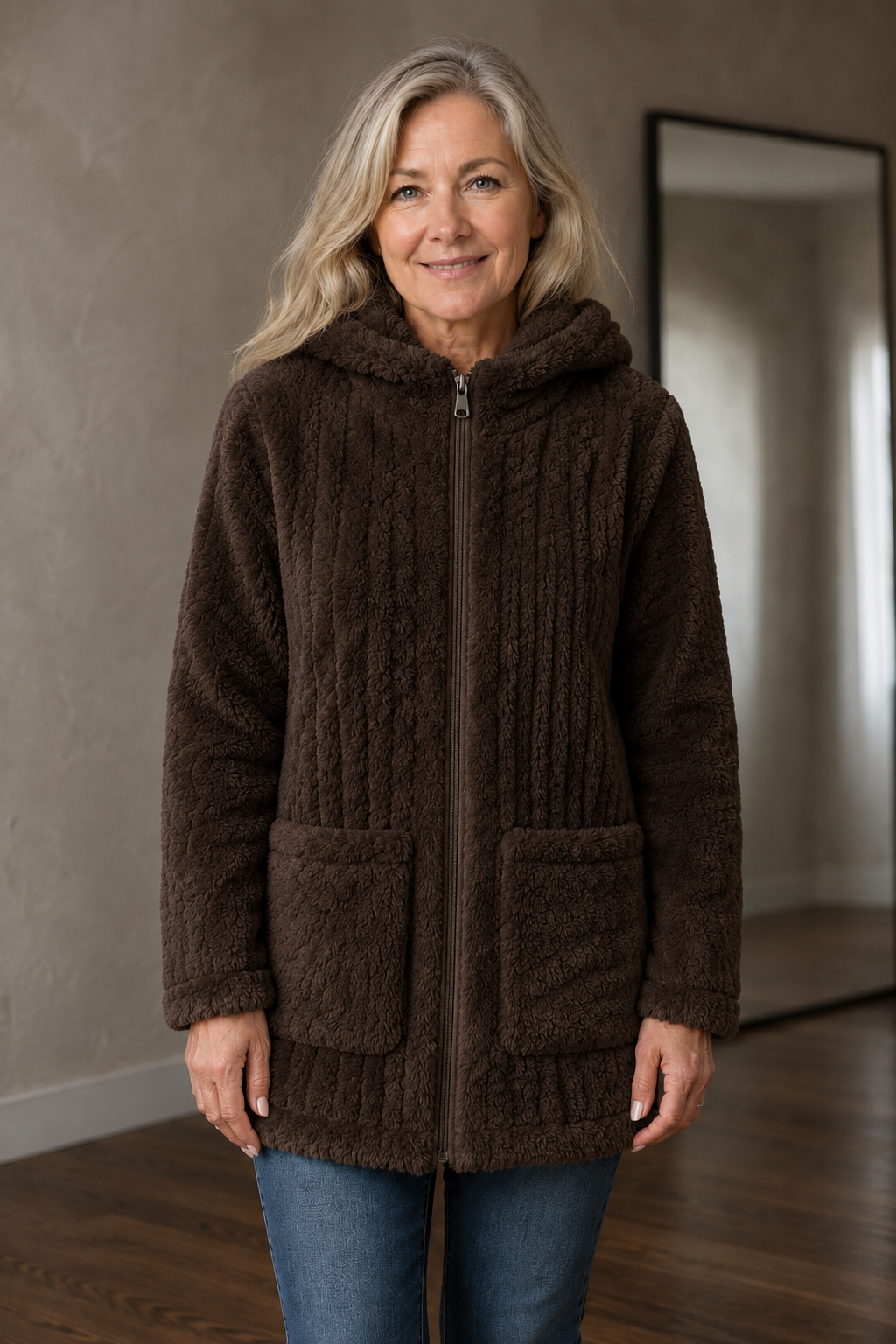 Clemence | Double-Sided Plush Zip Hoodie - Dark Brown