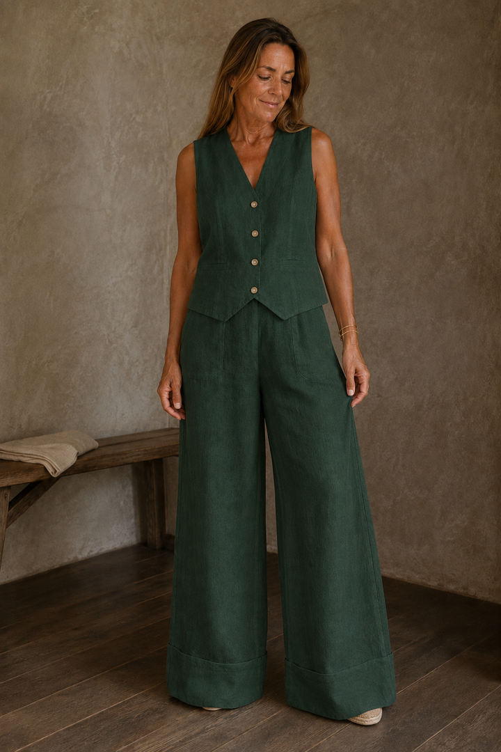 Clementine | Pure Linen Two Piece Set - Dark Green