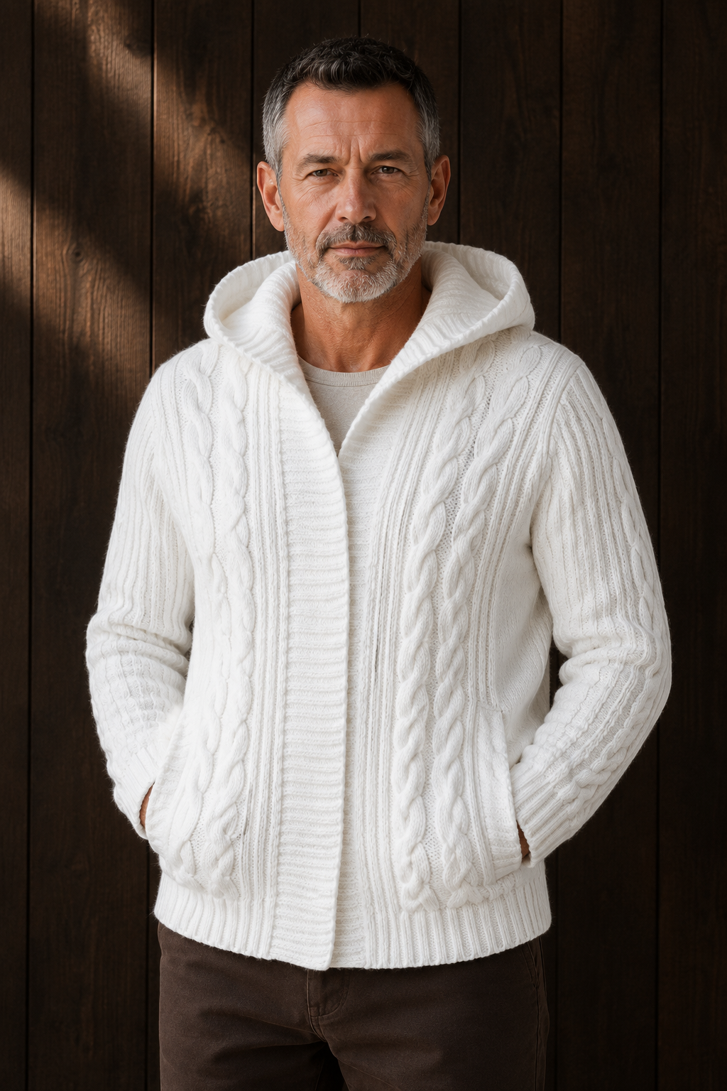 Chunky Cable Knit Hooded Cardigan - White