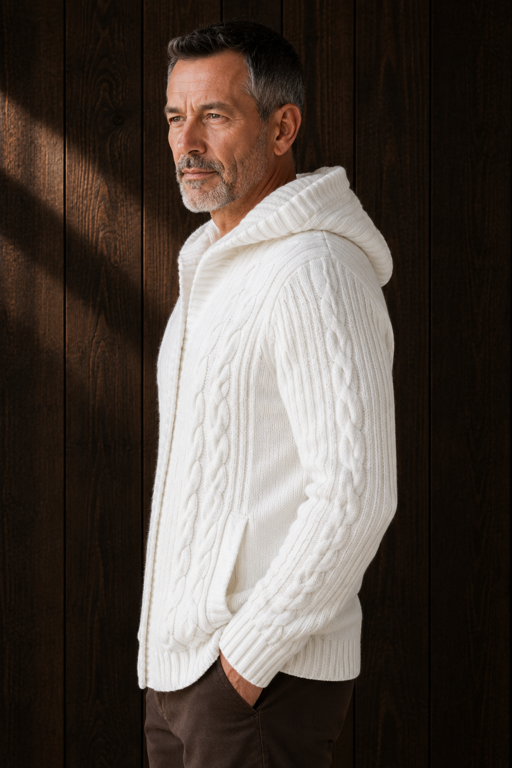 Chunky Cable Knit Hooded Cardigan - White