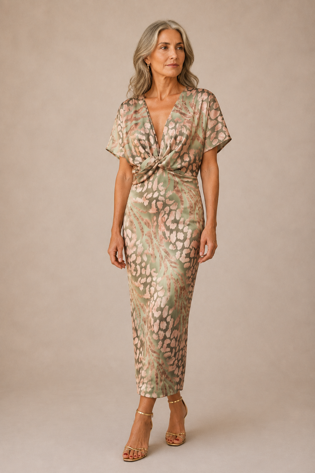 Full-length editorial image of Copper Tie Waist Midi Dress