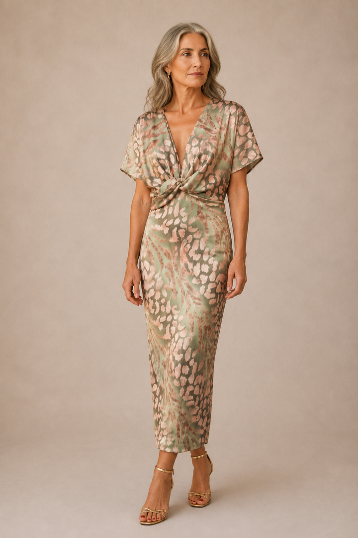 Full-length editorial image of Copper Tie Waist Midi Dress