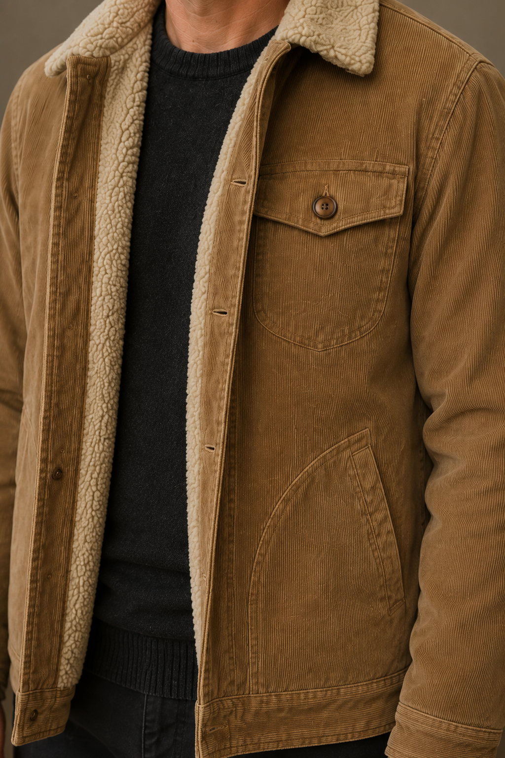 Corduroy Fleece Lined Winter Jacket - closeup