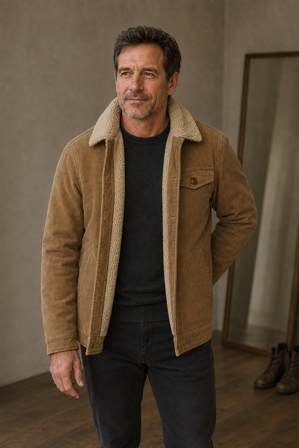 Corduroy Fleece Lined Winter Jacket - hero open