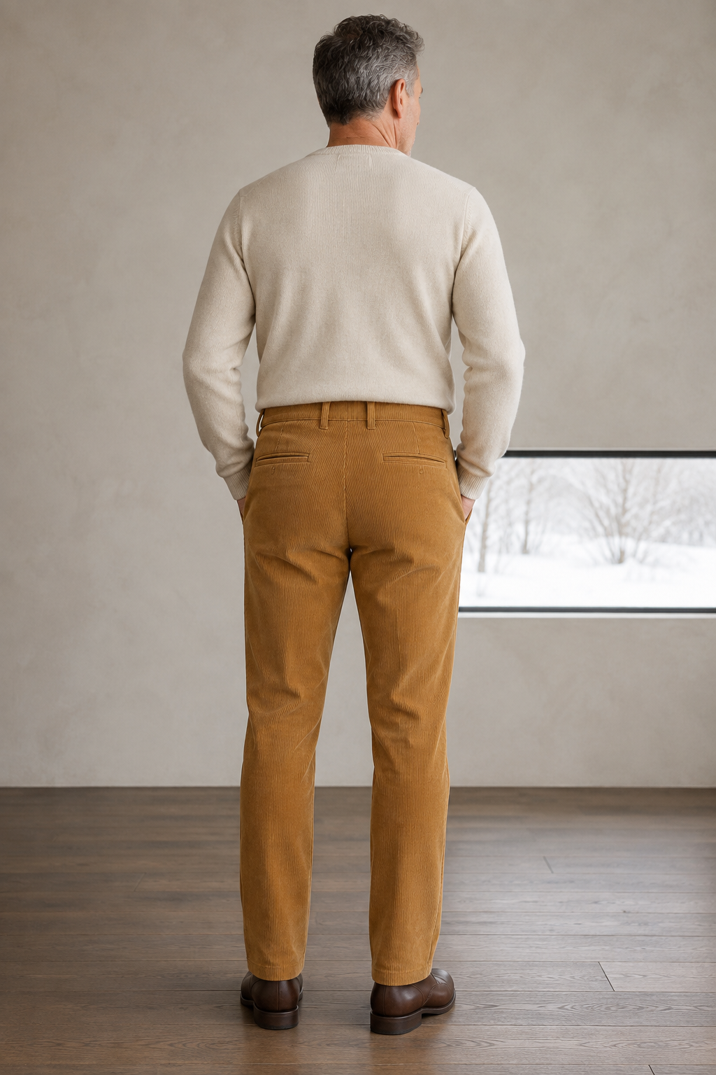 Ochre olive corduroy trousers back view