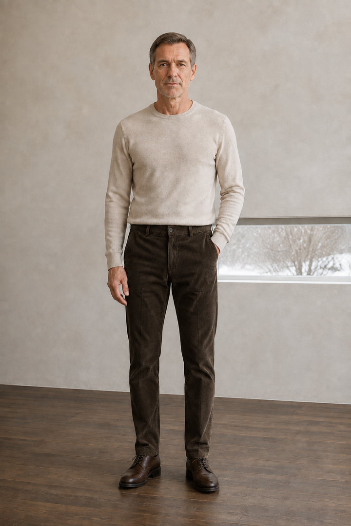 Dark olive corduroy trousers front hero
