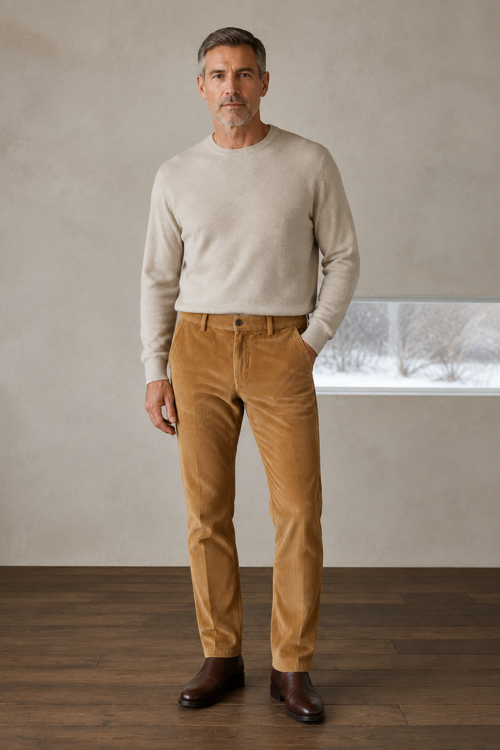 Ochre olive corduroy trousers front hero
