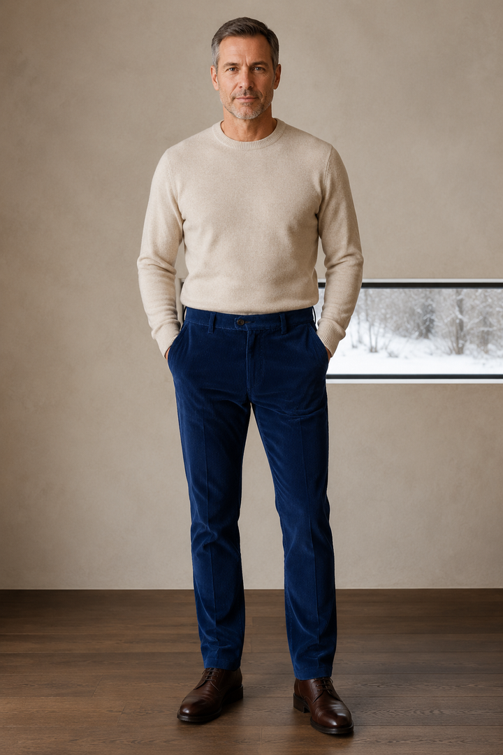 Royal blue corduroy trousers front hero