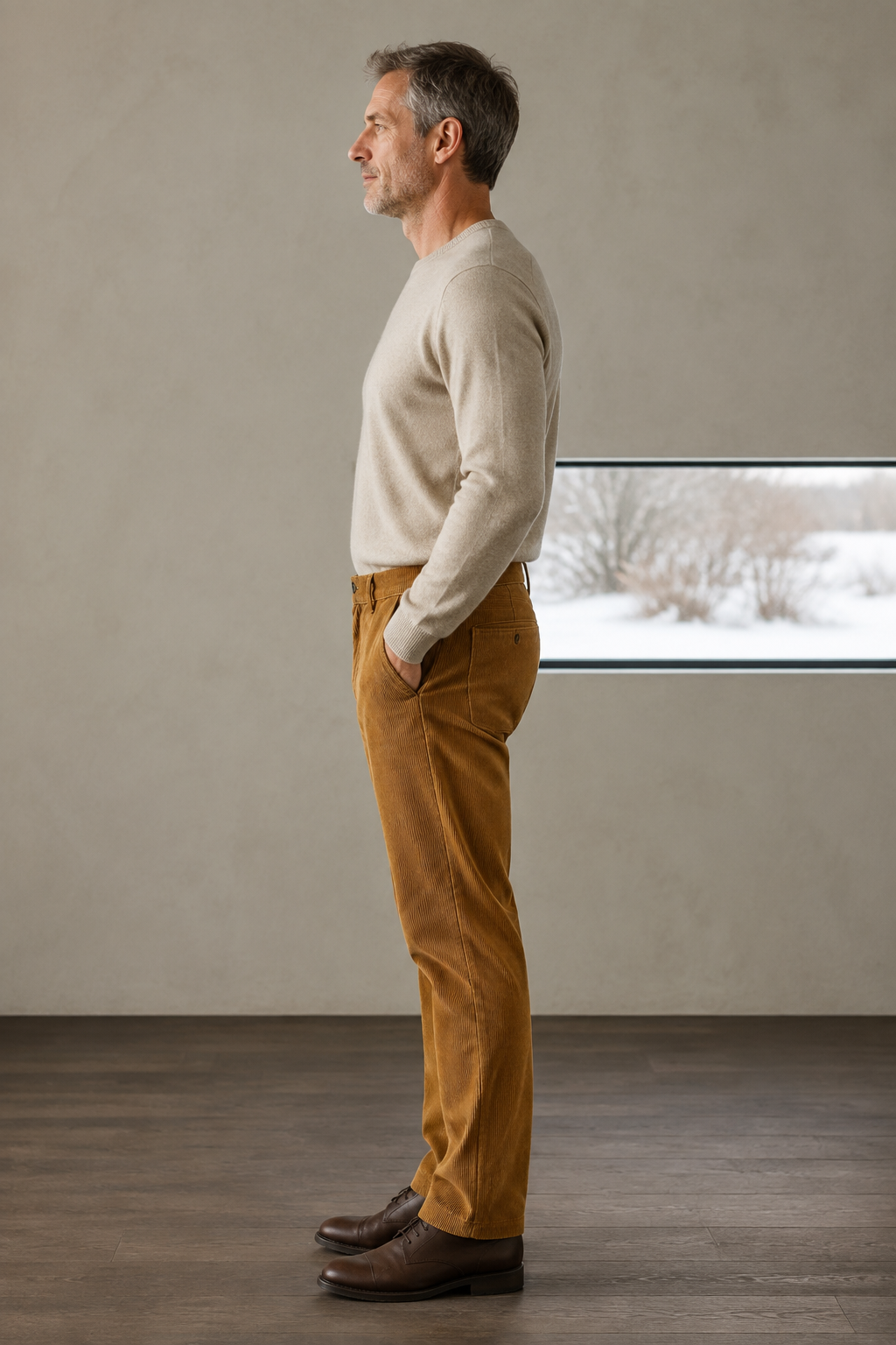 Ochre olive corduroy trousers side view