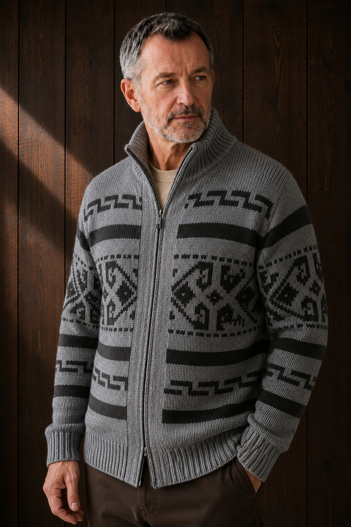 Wool Blend Aztec Knit Cardigan - Gray