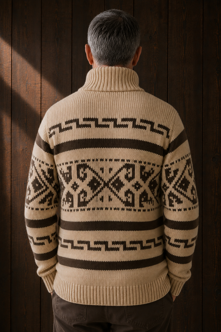 Wool Blend Aztec Knit Cardigan - Khaki