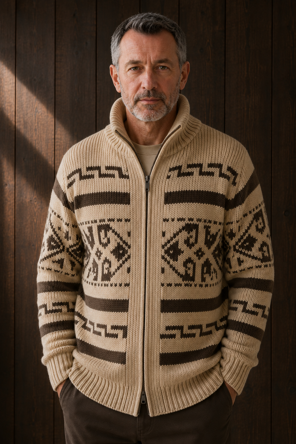 Wool Blend Aztec Knit Cardigan - Khaki