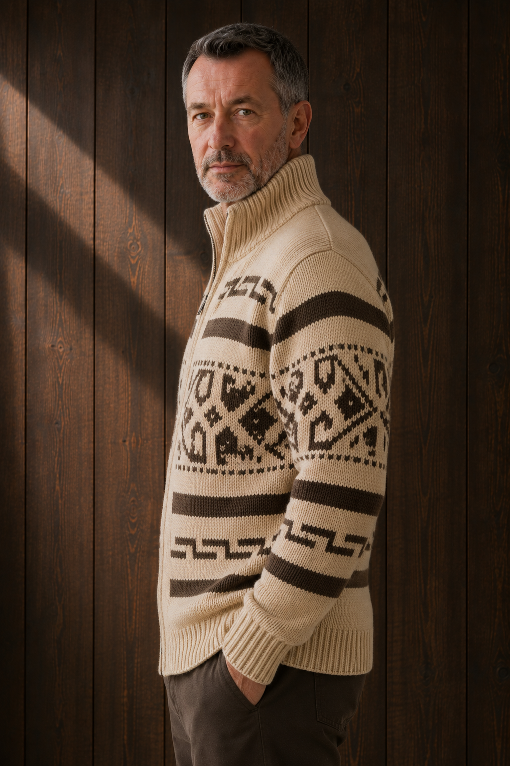 Wool Blend Aztec Knit Cardigan - Khaki