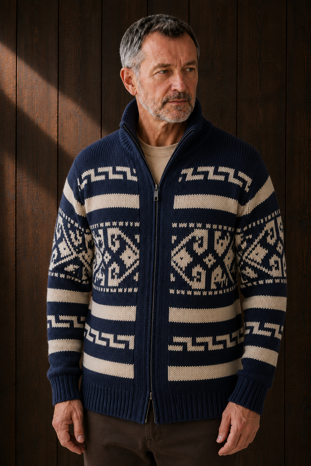 Wool Blend Aztec Knit Cardigan - Navy Blue