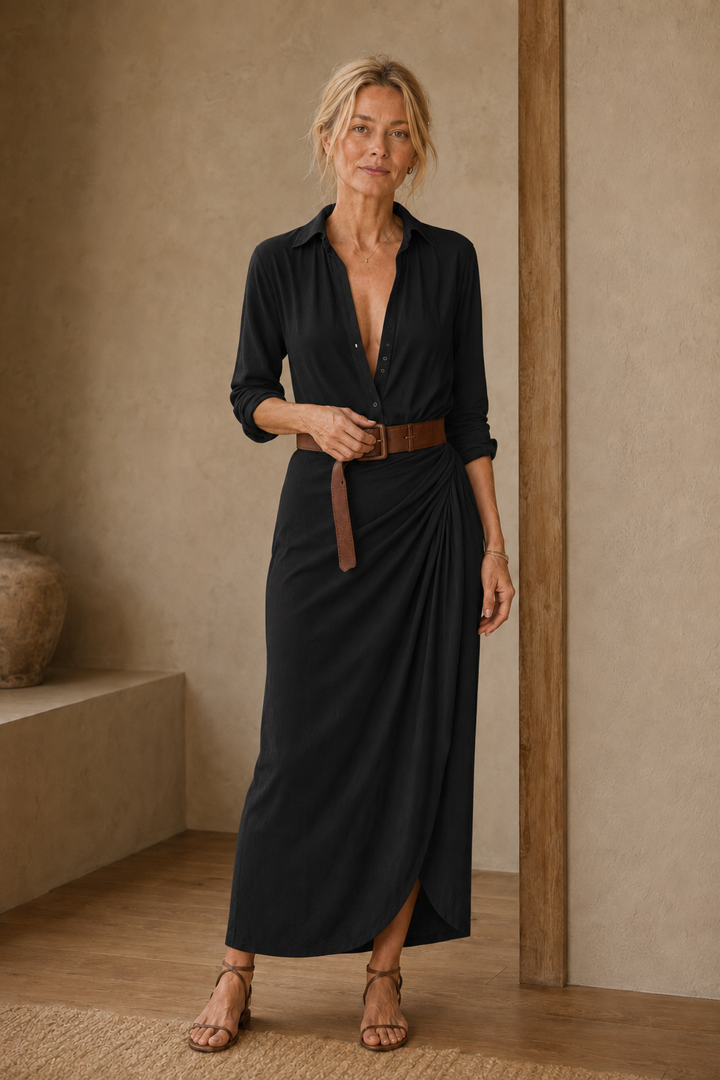 Cotton Blend Belted Maxi Dress - Black