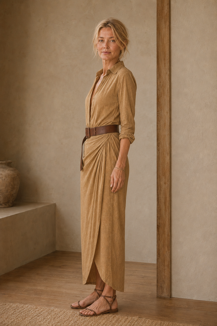 Cotton Blend Belted Maxi Dress - left side view