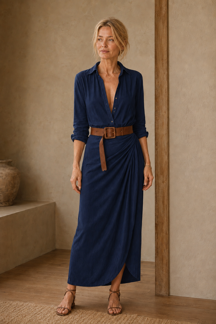 Cotton Blend Belted Maxi Dress - Navy