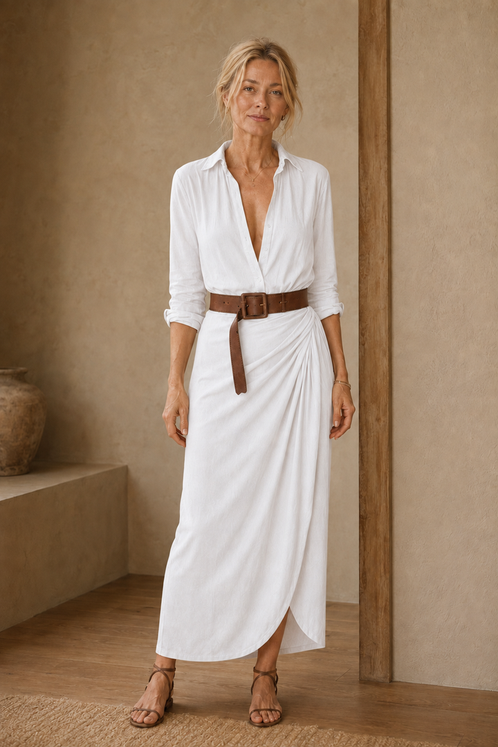 Cotton Blend Belted Maxi Dress - White