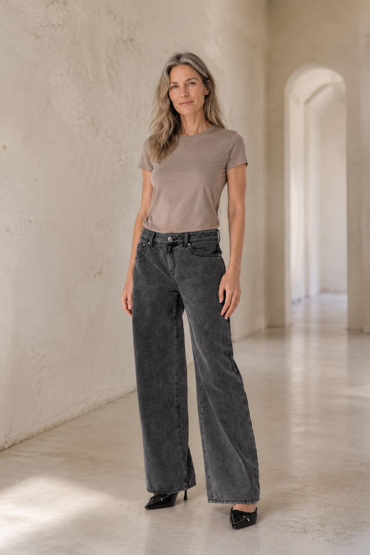 Cotton Blend High Rise Straight Jeans