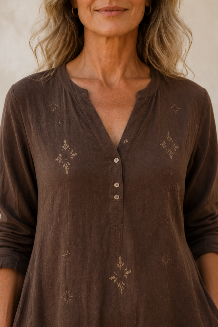 Cotton Blend Printed Shirt Dress - fabric close-up