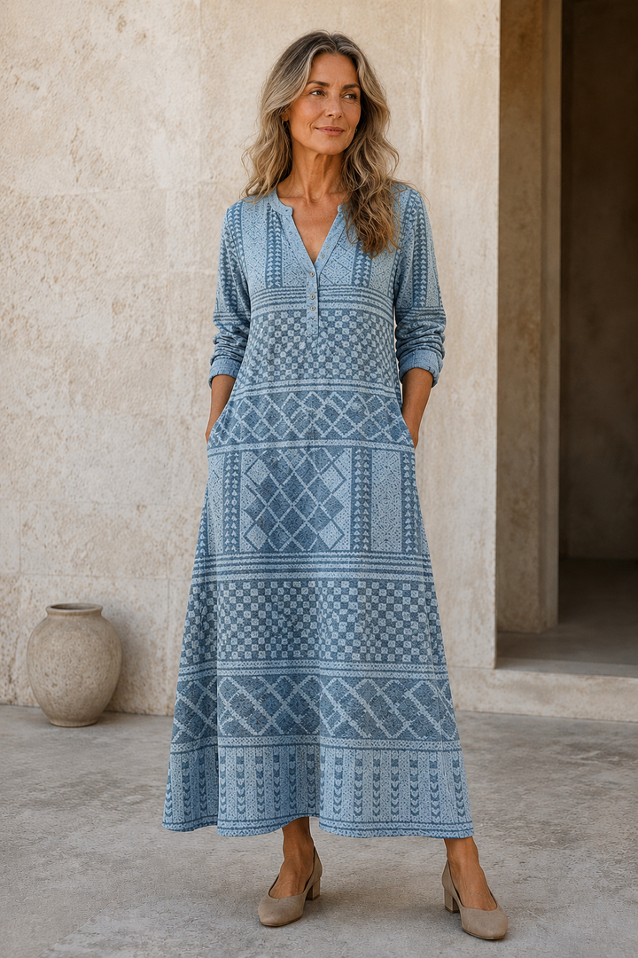 Cotton Blend Printed Shirt Dress - Light Blue