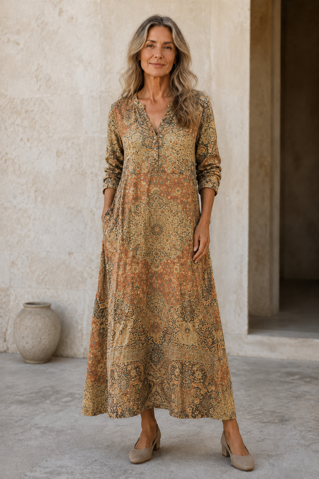 Cotton Blend Printed Shirt Dress - Yellow