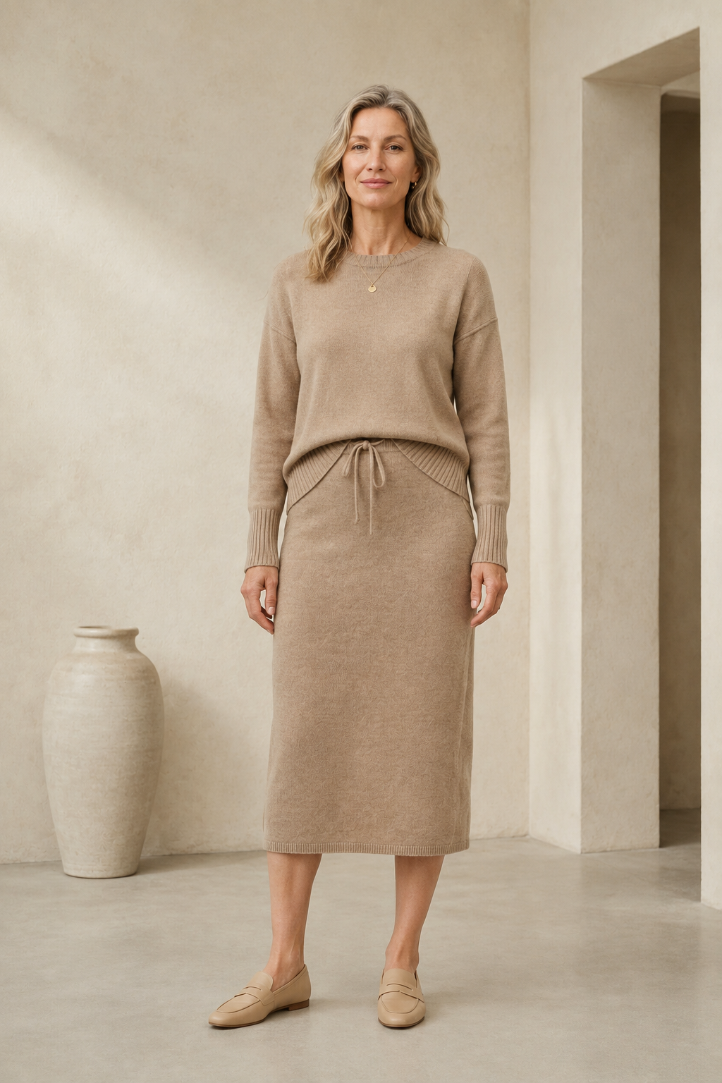 Full-length editorial image of Cotton Blend Sweater And Skirt Set