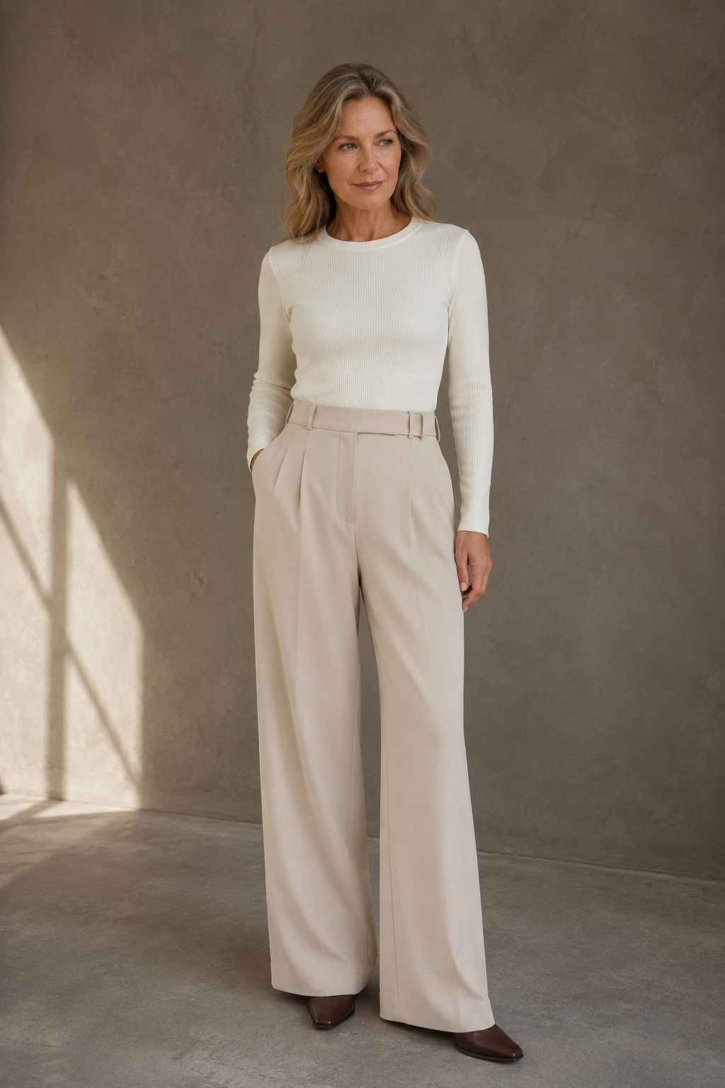 Beige Cotton Blend Wide Leg Trousers on a mature woman against a charcoal taupe wall