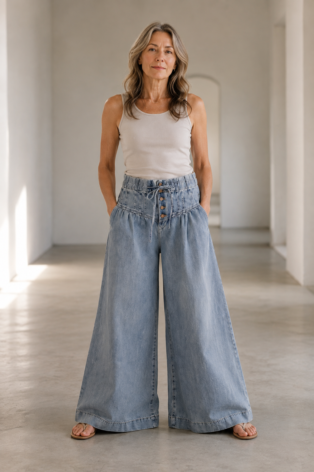 Cotton Chambray Wide Leg Pants