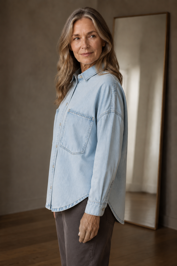 Cotton Denim Shirt Jacket - Light Blue
