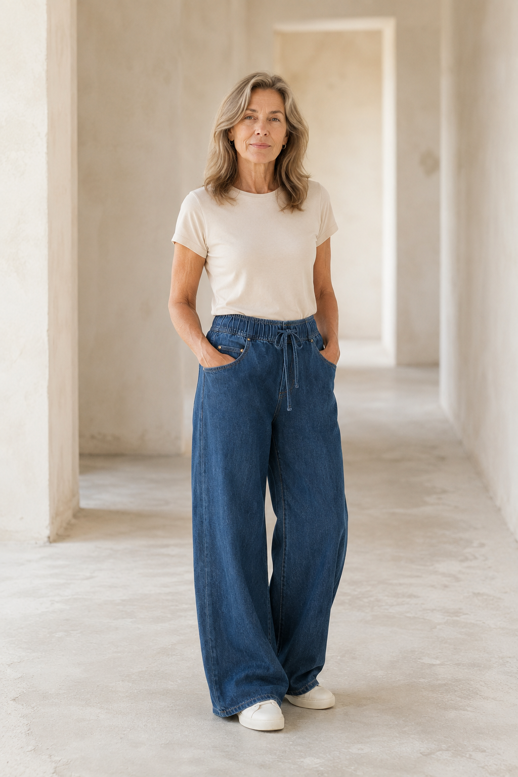 Cotton Denim Wide Leg Drawstring Jeans