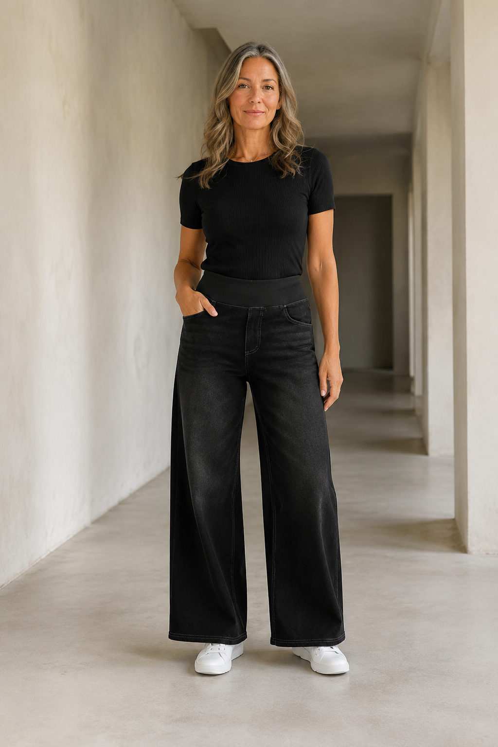 Cotton Denim Wide Leg Jeans