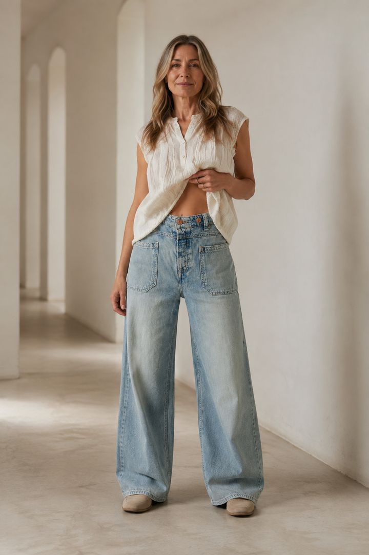 Cotton Denim Wide Leg Jeans