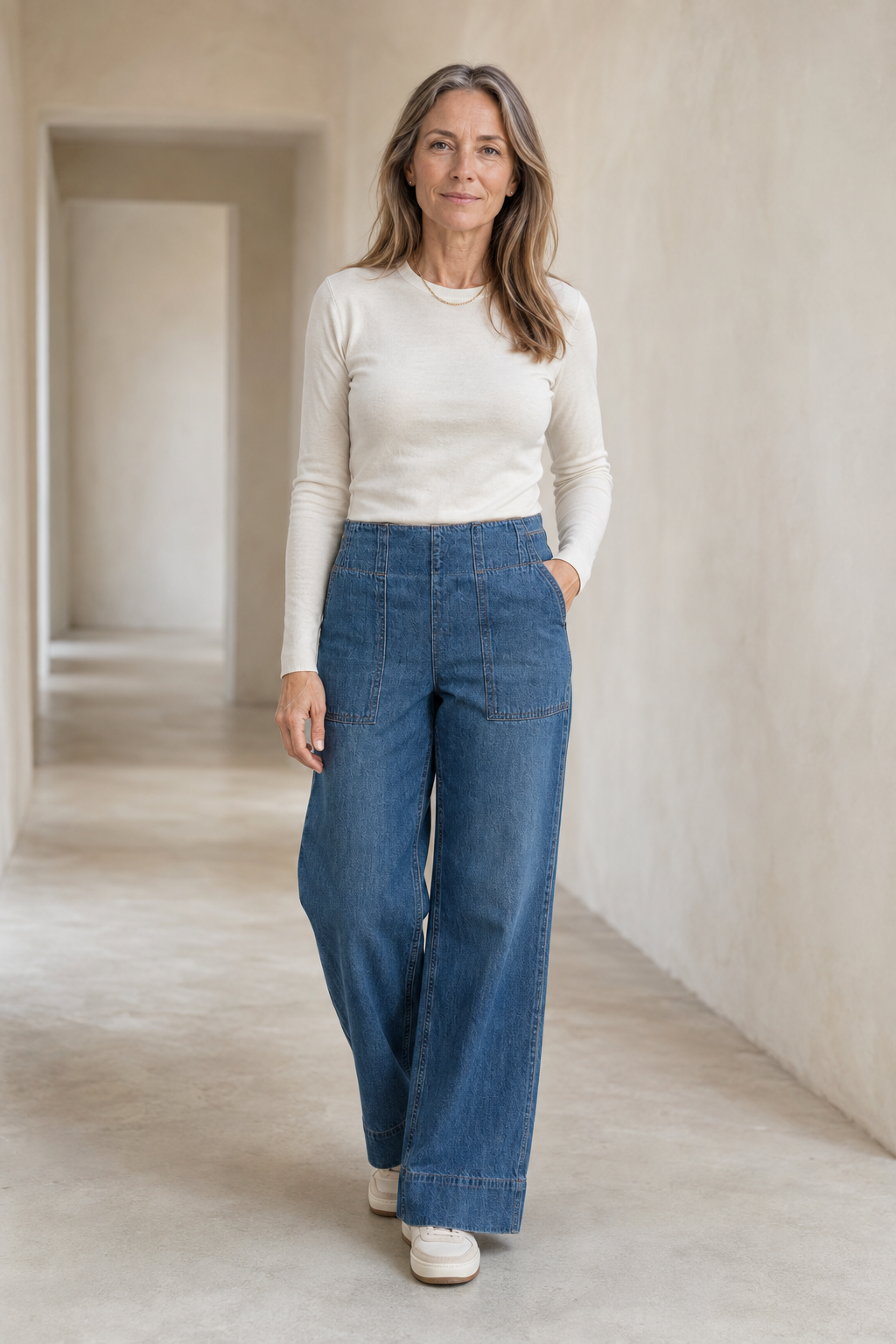 Navy Cotton Denim Wide Leg Jeans on a mature woman in an empty hallway
