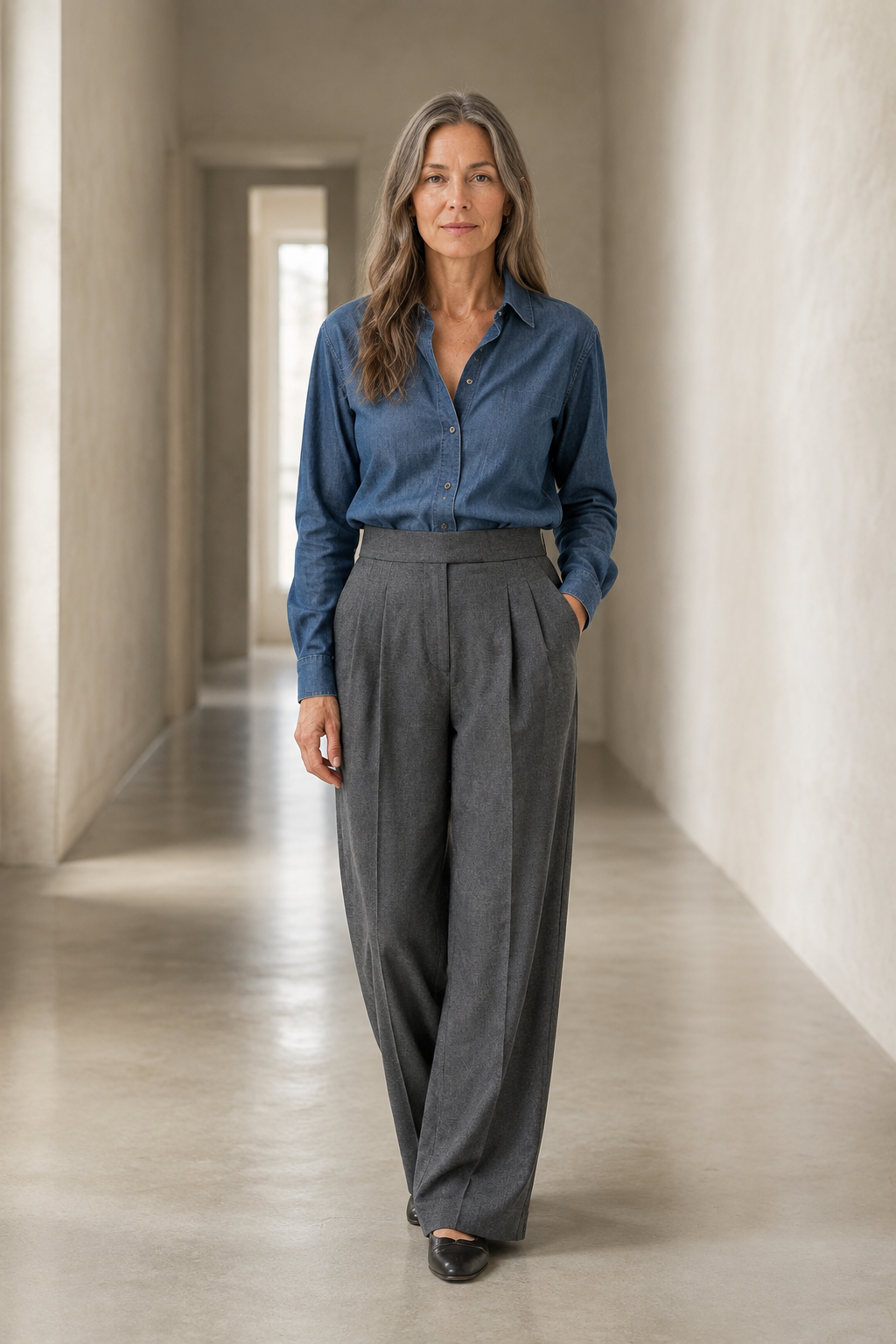 Gray Cotton Draped Wide Leg Pants on a mature woman in an empty hallway